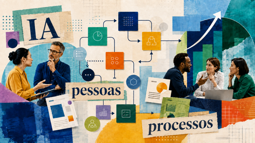 Colagem editorial mostra profissionais conectados por fluxos, gráficos e elementos visuais, com as palavras “IA”, “pessoas” e “processos” integradas à composição.